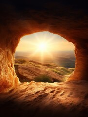 empty tomb with cross on mountain with amazing sunrise. Creative idea Easter. Religion and Christianity. Open empty cave with sunset view. Free copy space - generative ai