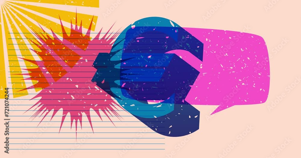 Poster risograph euro currency symbol with speech bubble and geometric shapes animation. moving object in t