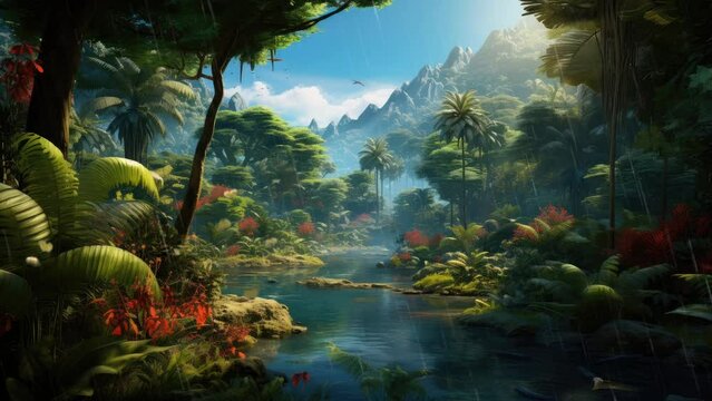 Mountain Rainfall: Trees, Rivers, and Mountains Enveloped in Rain's Embrace