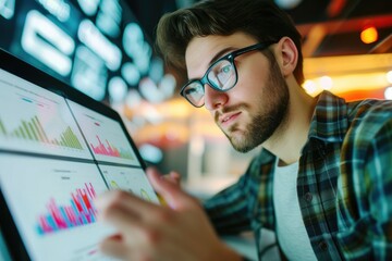 A young man marketer using a tablet for analyzing trends, with a backdrop of a digital marketing workspace