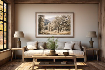 Picture the warmth of a farmhouse-inspired entrance hall, featuring a wooden bench against a wood lining paneling wall. A blank mock-up poster frame adds a customizable touch.