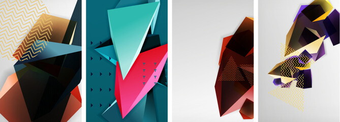 Trendy low poly 3d triangle shapes and other geometric elements background designs for wallpaper, business card, cover, poster, banner, brochure, header, website