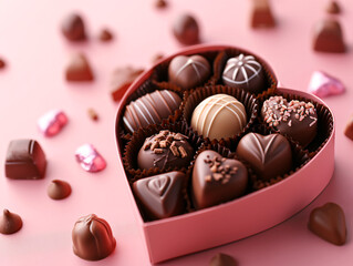 Heart shaped box of assorted chocolates on pink background, top view