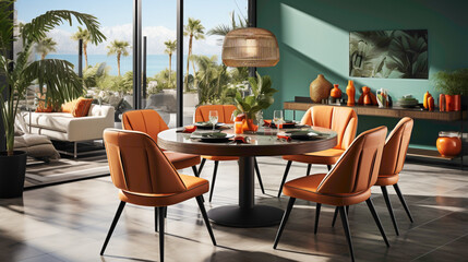Fototapeta na wymiar Step into a contemporary living space where orange leather chairs take center stage around a round dining table, set against a refreshing green backdrop. 