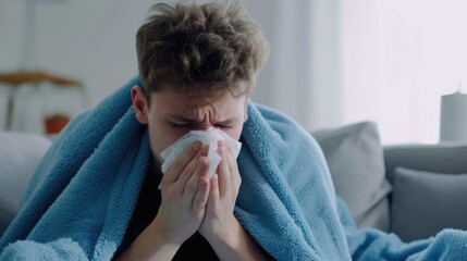 Sick person sit at home. Man under blue blanket sneezes into handkerchief tissue. Medical health care. Guy treats cold, illness, flu concept. Patient feel bad and rest in bedroom. Disease recovery. - obrazy, fototapety, plakaty