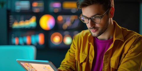 A young man marketer using a tablet for analyzing trends, with a backdrop of a digital marketing workspace