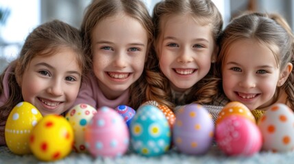 cute kids and colorful eater eggs for each other gift on Easter day. 