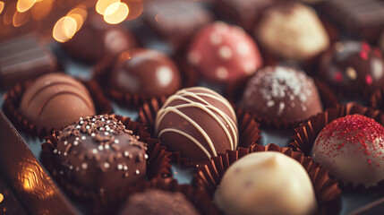 Box of assorted chocolates on bokeh lights background.