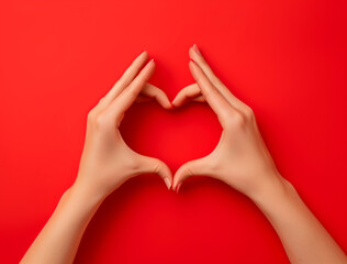 two hands form a heart on red background