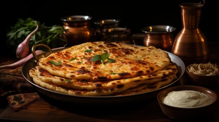 Aloo Paratha with Yogurt, Indian style. Best For Banner, Flyer, and Poster - obrazy, fototapety, plakaty
