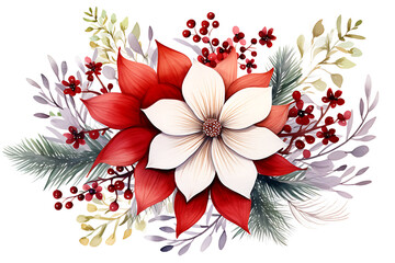 Christmas Floral Wreath PNG with Hand-Painted Watercolor Poinsettia and Pine Branches