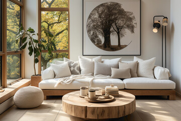 Step into a tastefully designed living room with a round wooden coffee table positioned near a pristine white sofa against a wall featuring an artfully framed poster.