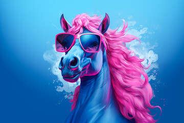 Funny cool horse wearing sunglasses. Wide banner with copy space for text. Graphic resource by Vita