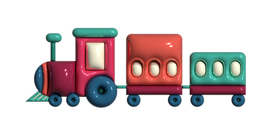 Inflated train toy with plasticine effect. 3d rendering illustration..
