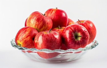 Several juicy, ripe, fresh red apples on a plate of glass, macro, close up view, isolated on a white background