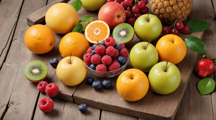 Naklejka na ściany i meble Background with various fresh fruits on a wooden table. There are apples, strawberries, grapes, pomegranates, bananas, peers, berries, kiwi, oranges and pineapples all looking fresh