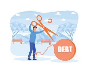 Businessman uses pliers to cut the chain and free himself from the metal ball debt. flat vector modern illustration 