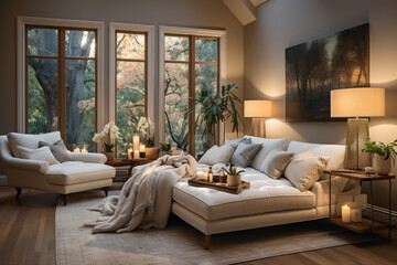 Step into a world of tranquility as you enter a cozy room adorned in calming beige shades. Picture the inviting interior that beckons you to linger, providing a serene retreat from the outside world.
