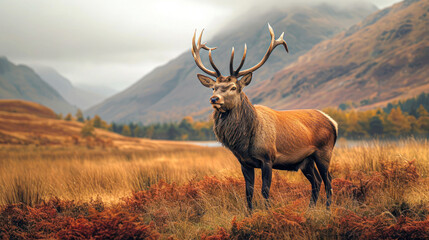 An imposing stag stands proudly in a stunning autumnal highland landscape, its impressive antlers set against a backdrop of colorful foliage and misty mountains.