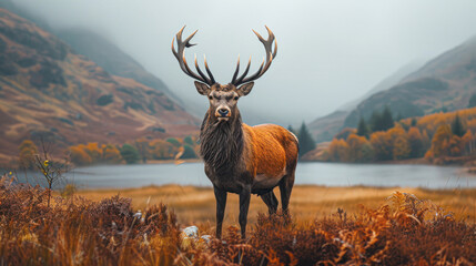 An imposing stag stands proudly in a stunning autumnal highland landscape, its impressive antlers set against a backdrop of colorful foliage and misty mountains.