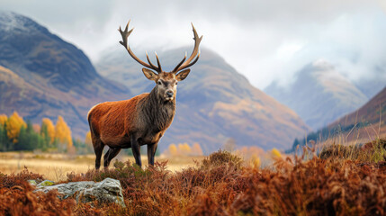 An imposing stag stands proudly in a stunning autumnal highland landscape, its impressive antlers set against a backdrop of colorful foliage and misty mountains. - obrazy, fototapety, plakaty