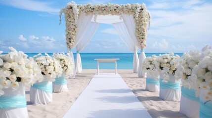 Wedding set up on beach. Beautiful tropical outdoor ceremony or party with ocean view. Luxury destination weddings concept Generative Ai
