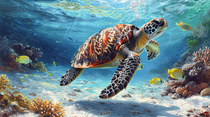 A graceful sea turtle is swimming near the vibrant coral reef, surrounded by tropical fish, under the glistening sunlit ocean surface.