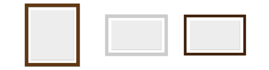 Obraz premium Couple picture photo frames mockup, wall presentation, black and white thin rectangular horizontal frame with shadow, two horizontal blank frame border mockup - photo frames sets. vector illustration