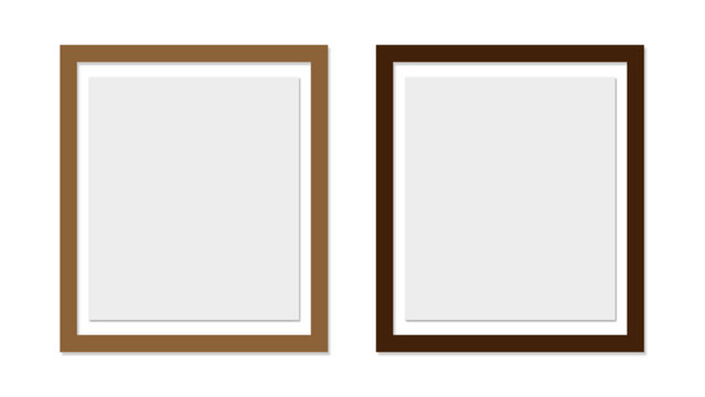 Couple picture photo frames mockup, wall presentation, black and white thin rectangular horizontal frame with shadow, two horizontal blank frame border mockup - photo frames sets. vector illustration