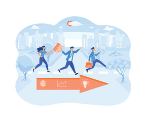 Business competition. Three business people racing with arrows. flat vector modern illustration 