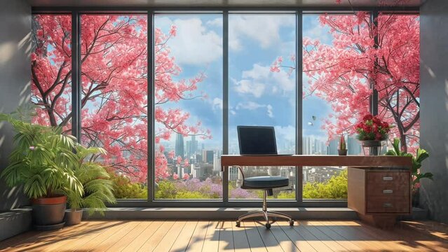 Office space by the window with spring nature in the background. Seamless looping time-lapse virtual video animation background 