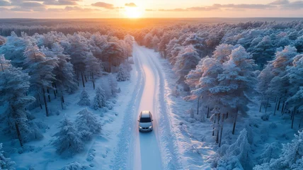 Foto auf Alu-Dibond Car drives through snow forest landscape at sunset © senadesign