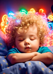 Fototapeta na wymiar vary cute & beautiful child sleeping in red and blue single color half t-shirt