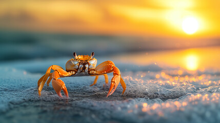 Crab on the beach at sunset. Sea life concept. 