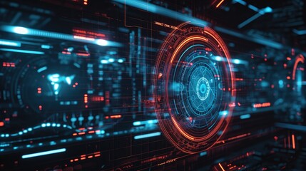 Animated shield and scope data processing on a dark backdrop, Ai Generated