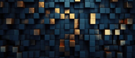 Dark blue and gold cube or tile mosaic, forming an abstract background with a luxurious feel, Ai Generated
