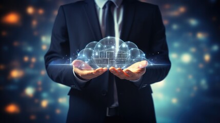 Cloud technology in action as a businessman interacts with a computing network, Ai Generated