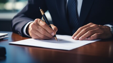 Close-up of a man in a business suit signing important documents, Ai Generated