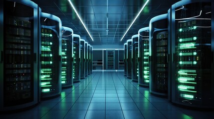 A vast warehouse transformed into a computer networking server room hub, Ai Generated