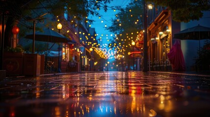 Rainy street with glistening lights reflecting on wet pavement, Ai Generated.