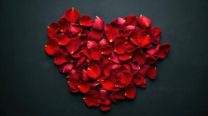 Heart crafted from red rose petals, elegantly contrasted with a black backdrop, Ai Generated