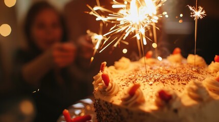 A cake with candles being blown out by a dazzling sparkler, a festive touch, Ai Generated