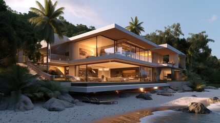 A 3D rendering of a modern beachfront house, a coastal dream come to life. Ai Generated - obrazy, fototapety, plakaty
