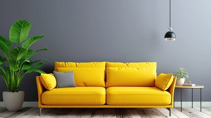 An inviting and fresh living room featuring a yellow couch and a lush green plant. Ai Generated