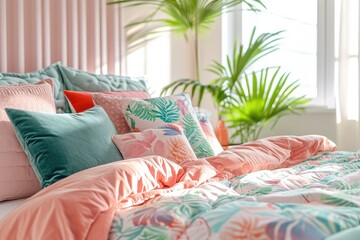 Discover a captivating photo of a gorgeous modern, colorful, and soft interior with a velvet bed and print pattern. Ai Generated
