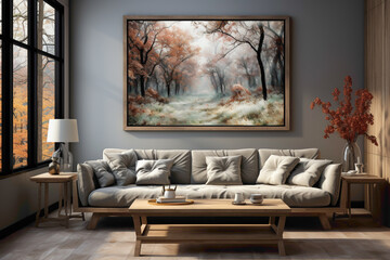 Transform your living room into a tranquil haven with a simple frame showcasing an exquisite nature painting, capturing the serenity of the natural world.