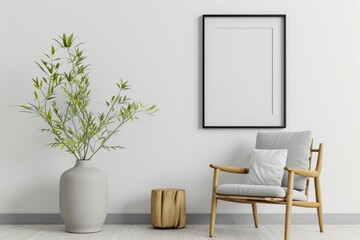 A blank frame mockup in a modern interior with a trendy vase and chair against an empty white wall background, Ai Generated