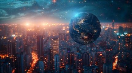 Earth in focus, A city lights backdrop harmonizes with business, politics, ecology, and media themes. NASA elements enhance this impactful stock photo.