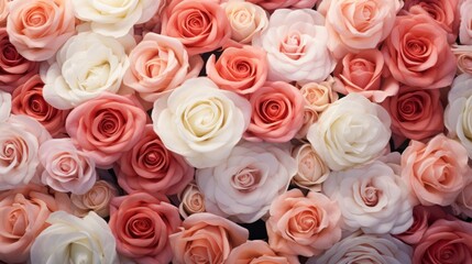 Pink and white roses in a bridal bouquet as a background