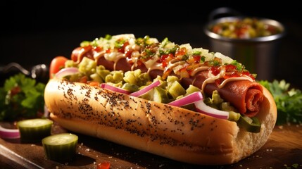 Chicago Style Hot Dog with Pickles and Mustard. Best For Banner, Flyer, and Poster
